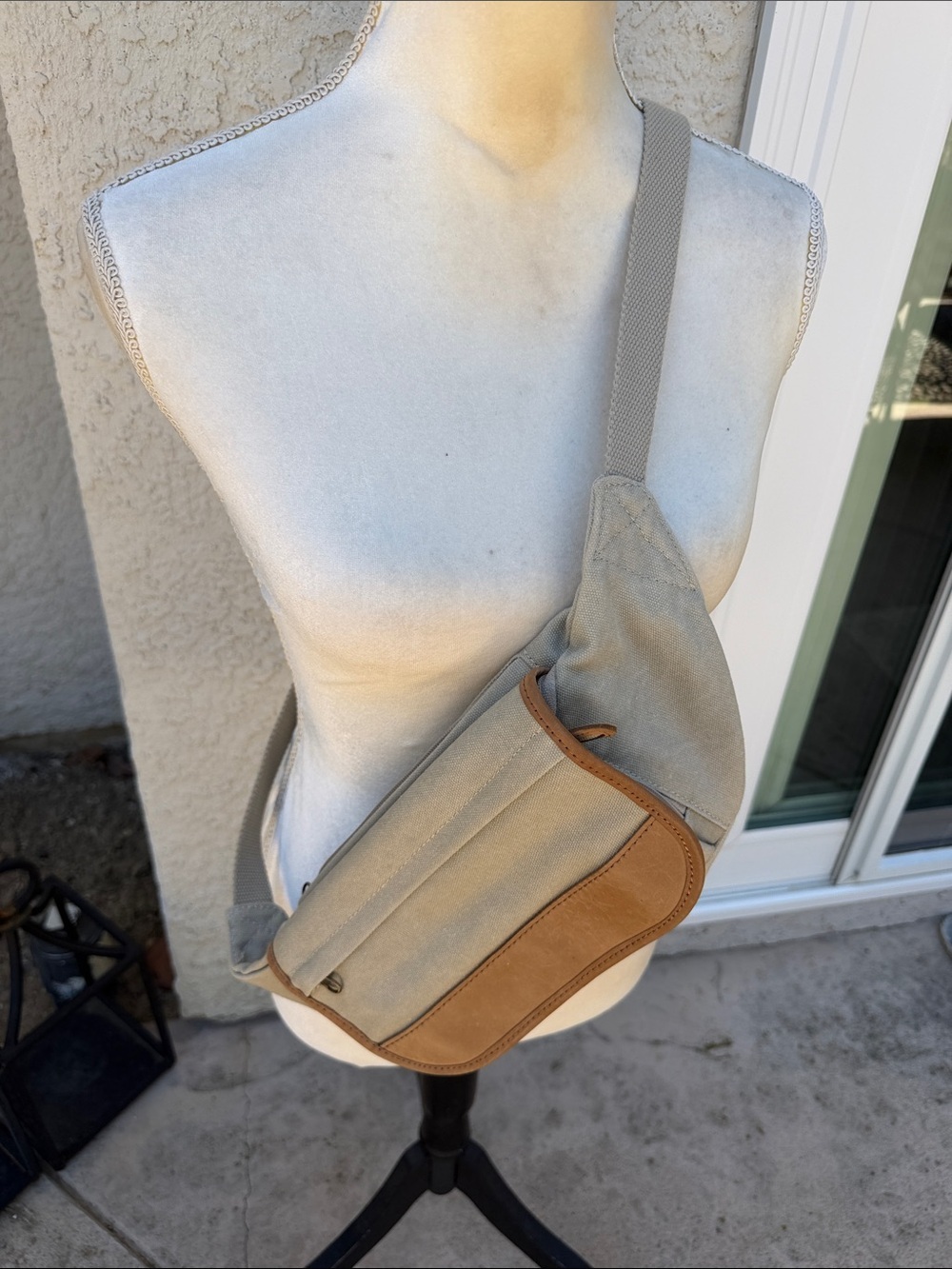 L.L. bean Beige Canvas Tan Leather Crossbody Fanny Pack